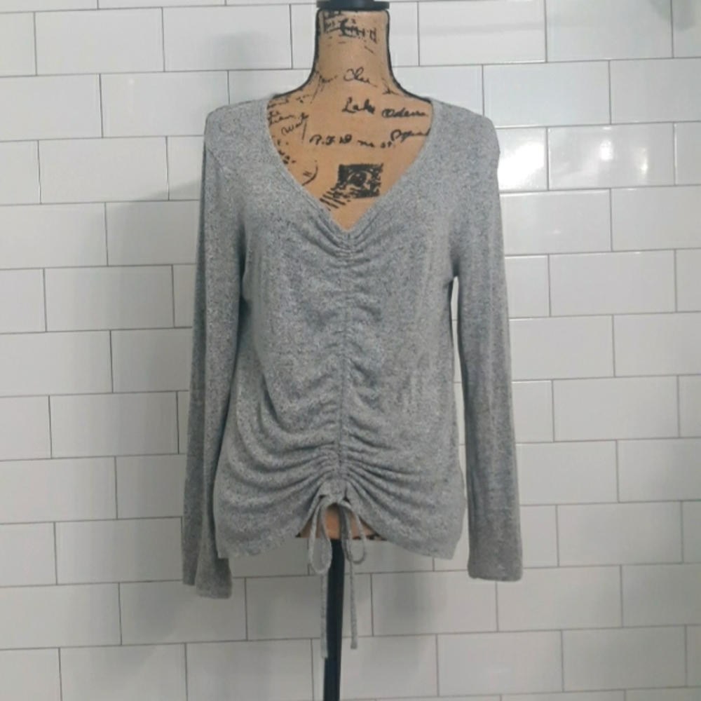 A New Day S Heather Grey v-neck long sleeve scrunch tie sweater